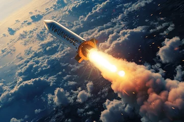 Fotobehang An artists depiction of a rocket ascending into space, showcasing the impressive power and technology behind space exploration, A rocket labeled 'Inflation' shooting off into space, AI Generated © Ifti Digital