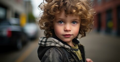 Fototapeta premium A young boy with curly hair and blue eyes. Generative AI.