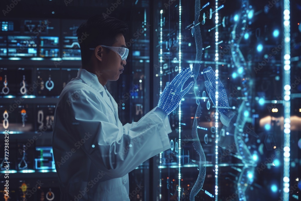 Poster a man wearing a lab coat and goggles focuses on operating a machine in a laboratory, a scientist int