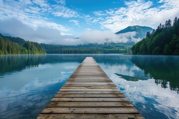 A wooden dock extends into the calm waters of a picturesque lake, A rustic wooden pier on a...