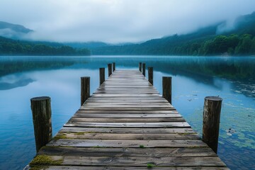 Fototapeta premium A wooden dock sits on top of a lake, inviting viewers to appreciate the serenity of the scene, A rustic wooden pier on a tranquil lake, AI Generated