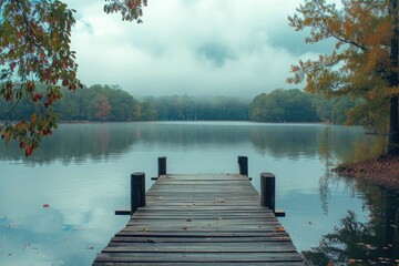 A wooden dock extending into the calm waters of a lake, surrounded by a natural landscape, A rustic...