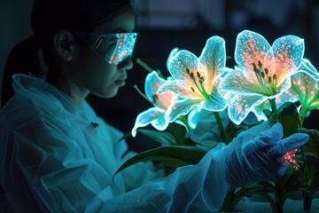 A woman in a lab coat and goggles holds a flower, examining it carefully in a laboratory setting, A scientist genetically engineering luminescent flowers, AI Generated