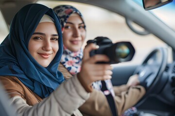 two young Muslim women in hijabs travel by car and take photos,the concept of combating discrimination,the success and independence of Muslim women, cultural diversity