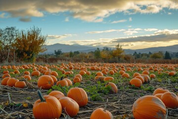 A vast expanse of pumpkins fills a countryside field set against a beautiful sky backdrop, A serene landscape of a pumpkin patch that embodies the spirit of Thanksgiving, AI Generated