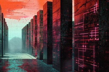 A long hallway filled with rows of red and black servers, creating a technological display of processing power, A series of walls representing layers of cyber defenses, AI Generated