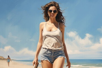Naklejka premium Stylish woman in sunglasses walking on the beach, with wind in her hair, symbolizing carefree summer vibes.