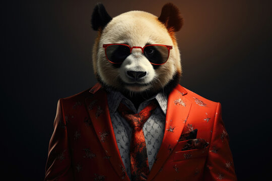 Stylized image of a panda with human clothing and red sunglasses, against a dark background.