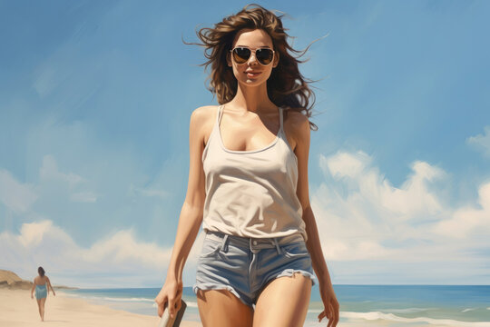 Stylish woman in sunglasses walking on the beach, with wind in her hair, symbolizing carefree summer vibes.