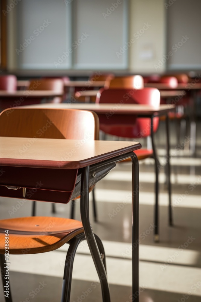 Poster empty desks in a classroom with sunlight shining on them. generative ai.