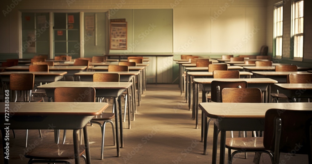 Poster a classroom with desks and chairs in it. generative ai.