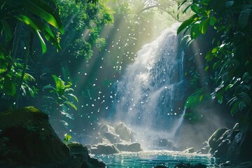 A towering waterfall cascades down amidst the dense foliage of a vibrant jungle, creating a mesmerizing natural spectacle, A sparkling waterfall in a tropical rainforest, AI Generated