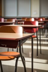 Empty desks in a classroom with sunlight shining on them. Generative AI.