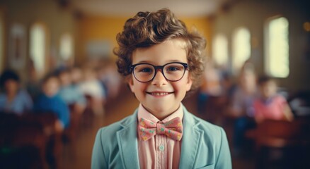 A young boy wearing glasses and a bow tie. Generative AI. - obrazy, fototapety, plakaty