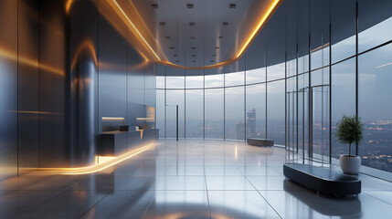 Modern Corporate Office Lobby with Sleek Design, High-Tech Ambient Lighting, Reflective Floor Tiles, and Panoramic City View at Twilight, Futuristic Business Interior Background