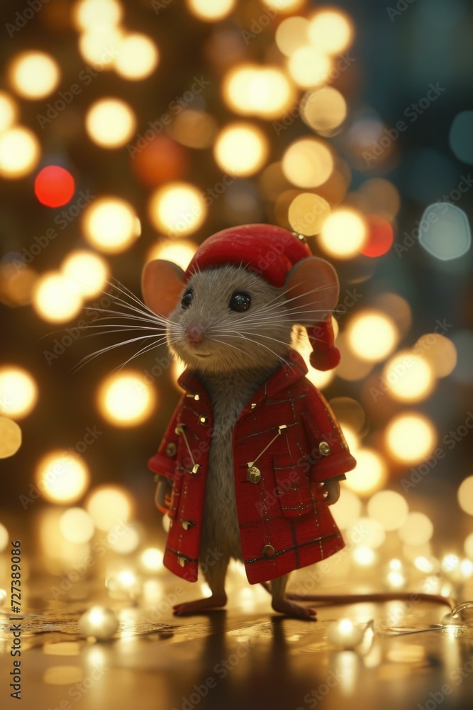 Aufkleber a mouse wearing a red coat and hat stands in front of a christmas tree. generative ai.