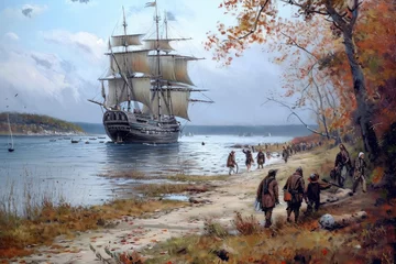 Fototapeten A realistic painting of a ship sailing on the water, with a clear blue sky in the background, A tableau of the Mayflower ship arriving with Pilgrims for the first Thanksgiving, AI Generated © Ifti Digital