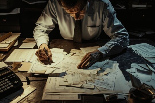 A man sits at a desk, engrossed in his work as he focuses on a piece of paper in front of him, A suspenseful scene of forensic accounting, unveiling fraud, AI Generated