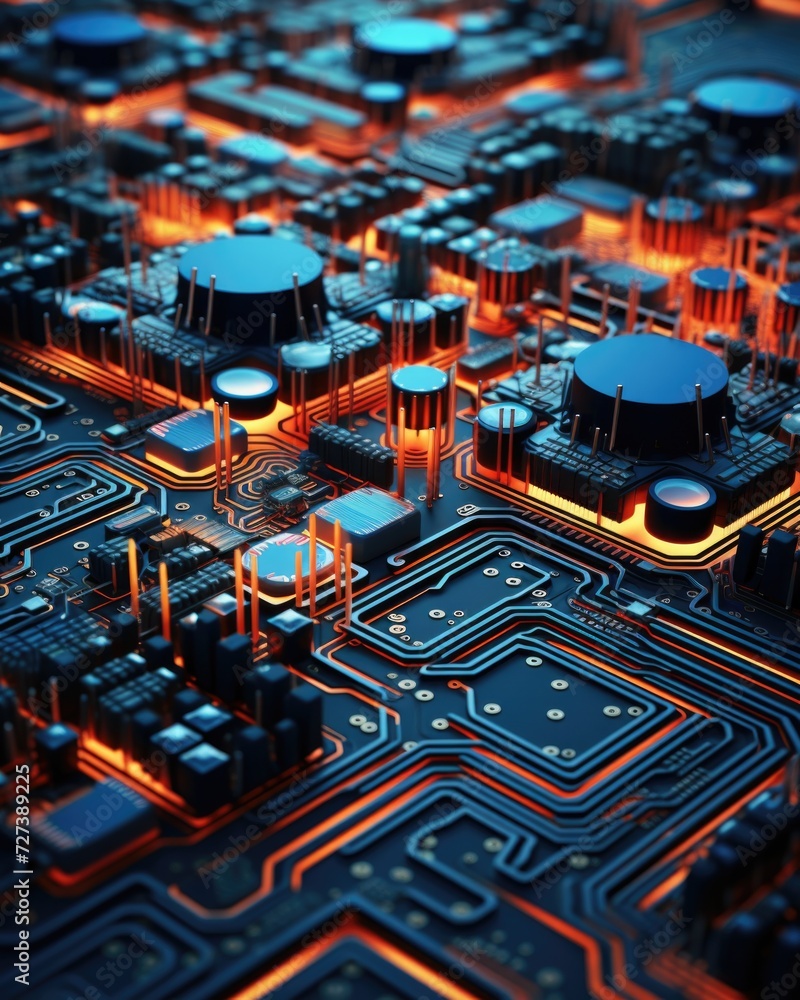 Poster 3d rendering of electronic circuit board with glowing orange lights. generative ai.