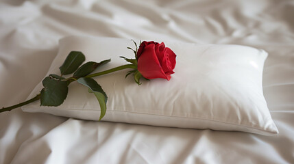 On a white pillow lies a lone rose