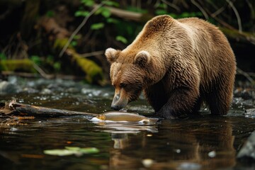 Obraz premium A large brown bear stands in a river, displaying its impressive size and strength, A stoic bear catching fish in a stream, AI Generated