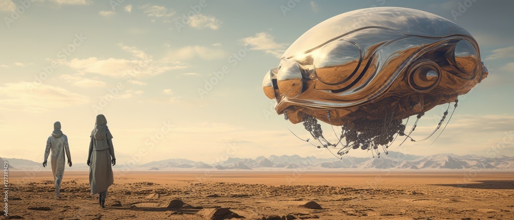 Poster two people standing on the deserted planet with a large spaceship. generative ai.