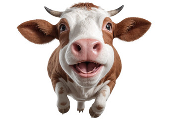 funny cow animal in full body jumping through the picture isolated against transparent background - obrazy, fototapety, plakaty