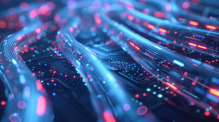 Fiber-optic cables with light points, representing high-speed data transmission and digital connectivity - obrazy, fototapety, plakaty