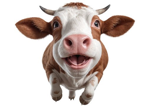 funny cow animal in full body jumping through the picture isolated against transparent background