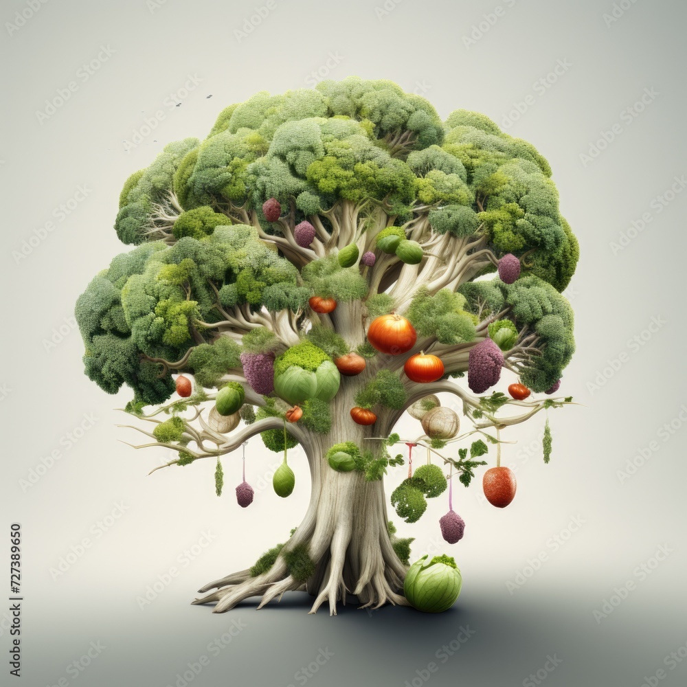 Poster a broccoli tree with fruits and vegetables on it. generative ai.