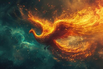 A vibrant fire bird soars through the sky, displaying its awe-inspiring prowess in flight, A surreal depiction of a majestic phoenix rising from the ashes, AI Generated