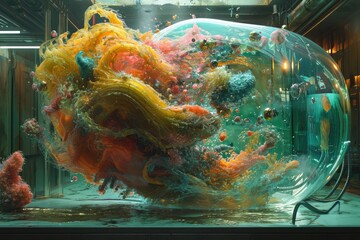 A vibrant, sizable bubble filled with an assortment of vivid liquids encapsulates the scene, A surreal depiction of a synthetic organism in a fluid-filled tank, AI Generated