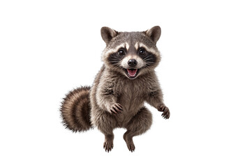 funny racoon animals in full body jumping through the picture isolated against transparent background