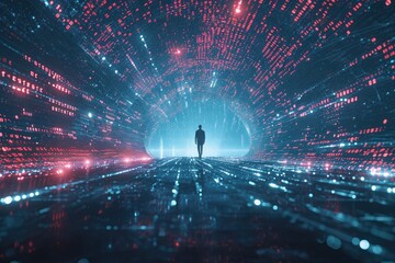 A man stands in the center of a tunnel filled with vibrant lights, creating a mesmerizing visual...