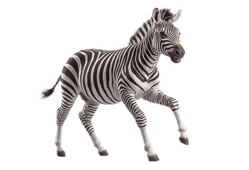 funny zebra animals in full body jumping through the picture isolated against transparent background