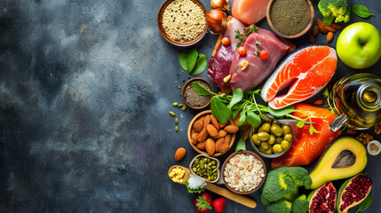 A balanced and healthy meal with various food items arranged on a plate - obrazy, fototapety, plakaty