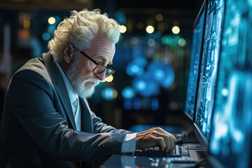 Fototapeta premium A silver-maned gentleman sits at a computer, engrossed in a coding tutorial, showcasing the modern pursuit of learning new technological skills in retirement. Generative Ai.