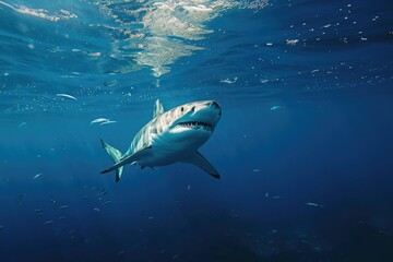 A powerful and sleek great white shark glides through the clear blue ocean waters, A terrifying shark hunting in the deep blue sea, AI Generated