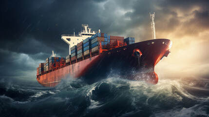 Cargo ship with containers on deck in storm