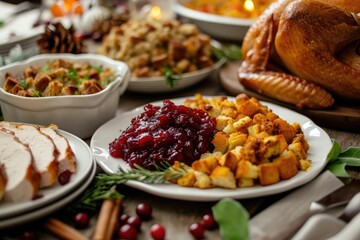 A table filled with plates of delicious food and a juicy roasted turkey as the centerpiece, A traditional Thanksgiving dinner spread with turkey, cranberry sauce, and stuffing, AI Generated