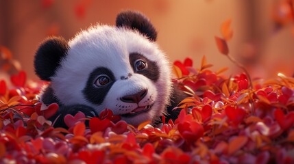  panda with red flower, Create a heartwarming Valentine's Day banner featuring an adorable panda cub