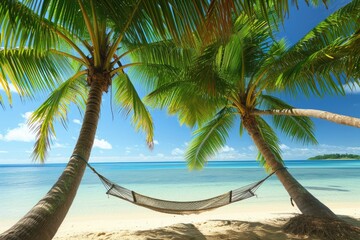A hammock suspended between two tall palm trees on a sandy beach, overlooking the tranquil ocean, A tranquil scene of a hammock tied between two coconut trees on a pristine beach, AI Generated