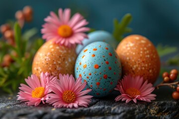 Fototapeta na wymiar Brightly colored Easter eggs adorned with flowers