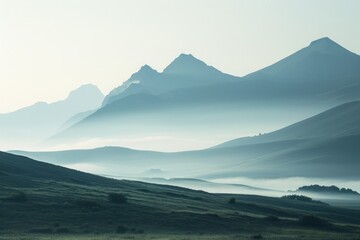 Foggy Landscape With Mountains in the Distance, A tranquil summer morning with a misty mountain range bathed in soft light, AI Generated