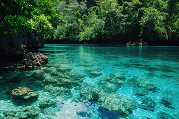 A serene body of water nestled among a lush forest, with towering trees and rugged rocks, A tranquil tropical lagoon with clear, turquoise water, AI Generated