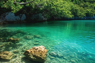 This photo captures a peaceful body of water surrounded by lush trees and rugged rocks in a tranquil natural setting, A tranquil tropical lagoon with clear, turquoise water, AI Generated