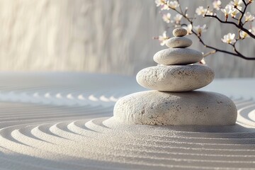Fototapeta na wymiar A serene and simplistic scene of nature's balance, with a stack of rocks resting atop the soft grains of sand.