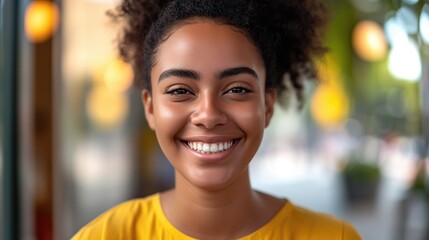 Beautiful close up face of cheerful latino girly young woman with perfect skin and healthy toothy smile looking at camera