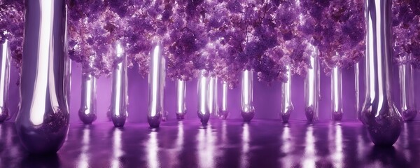 purple trees in a row with purple lights in a room