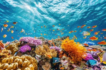 A vibrant coral reef filled with a diverse array of fish swimming amidst the colorful corals, A vibrant coral reef teeming with marine life under crystal clear waters, AI Generated